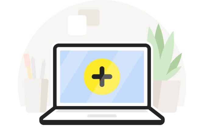 プラス記号がついたノートパソコンのイラスト